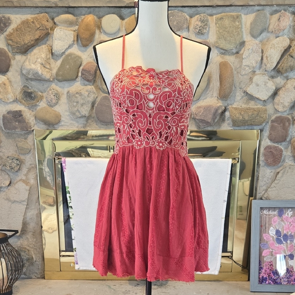 Free People Coral Lace Overlay Open Back Dress